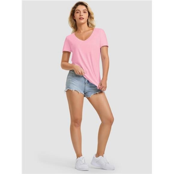 Womens V Neck Short Sleeve Summer T Shirts Curved Hem Plain Top Beach - Picture 5 of 7